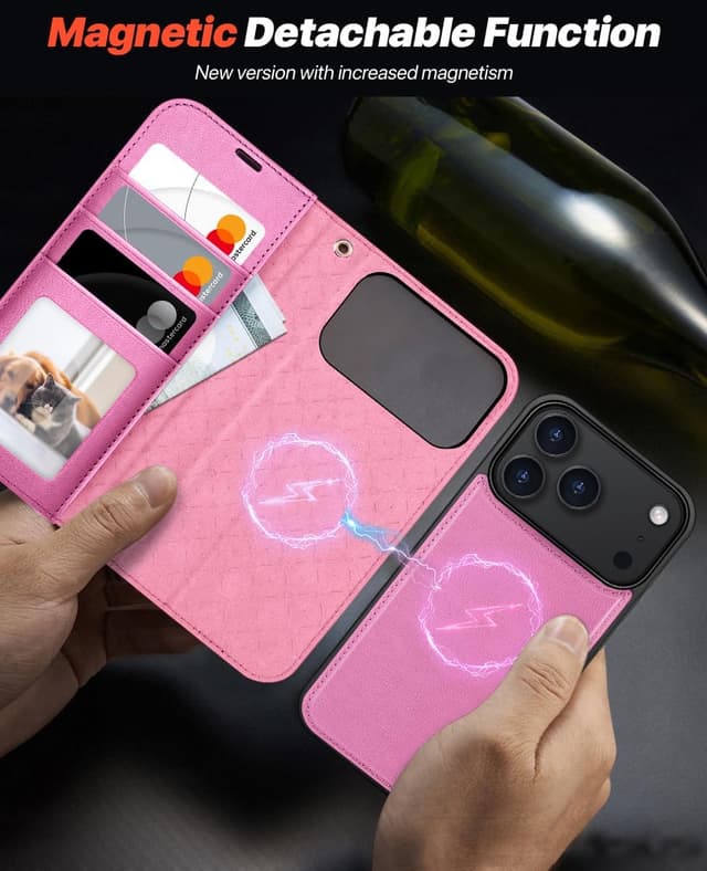 Detalle 2 de OCASE Handyhülle für iPhone 17 Pro – abnehmbare 2-in-1 Magnet-Klapphülle mit Kartenfach, RFID und Standfunktion (Rosa)