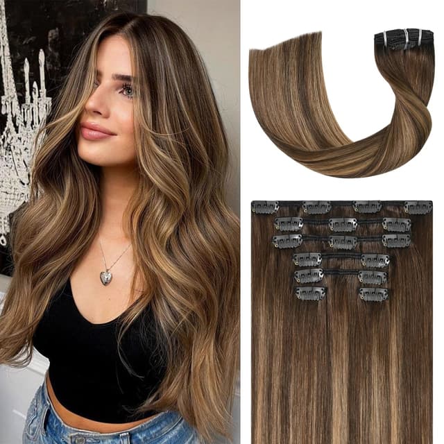 Detalle de UGOTRAYS Balayage Clip-In Hair Extensions (100% Human Hair), Ombre Medium Brown to Caramel Blonde, 20 in, 120g