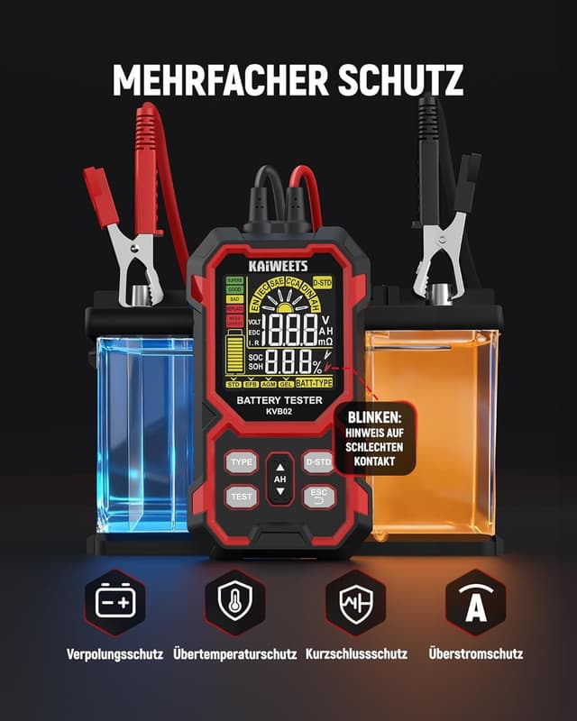 Thumbnail 6 de KAIWEETS Batterietester KFZ 12V/24V digital mit Kelvin-Technologie (KFZ, SUV, Motorrad)