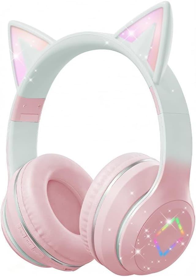 Detalle de Caijin Kids Bluetooth Headphones with LED cat ears (Pink) – safe 85dB volume limit, wireless or wired