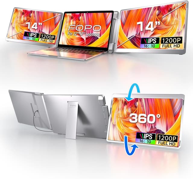 Detalle de FOPO 14" Triple Monitor Laptop Screen Extender (S7) — FHD 1920x1200 16:10 Portable Triple Display