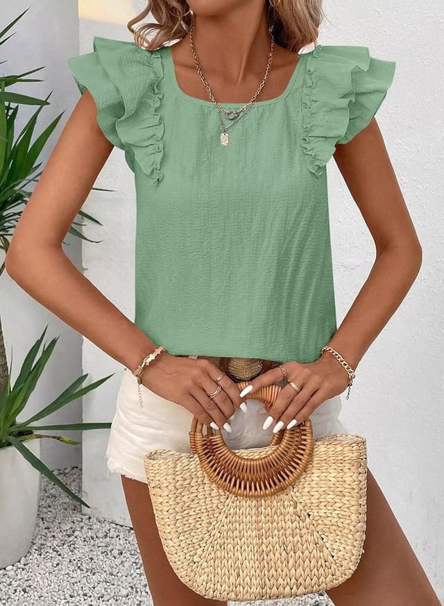 Detalle 2 de Falechay Womens Bow Tie Back Tops Round Neck Ruffle Short Sleeve Chiffon Babydoll Tunic