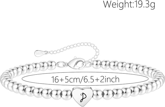 Detalle 2 de Crownette S925 Silver Bead Bracelet with Heart Initial Pendant (Adjustable)