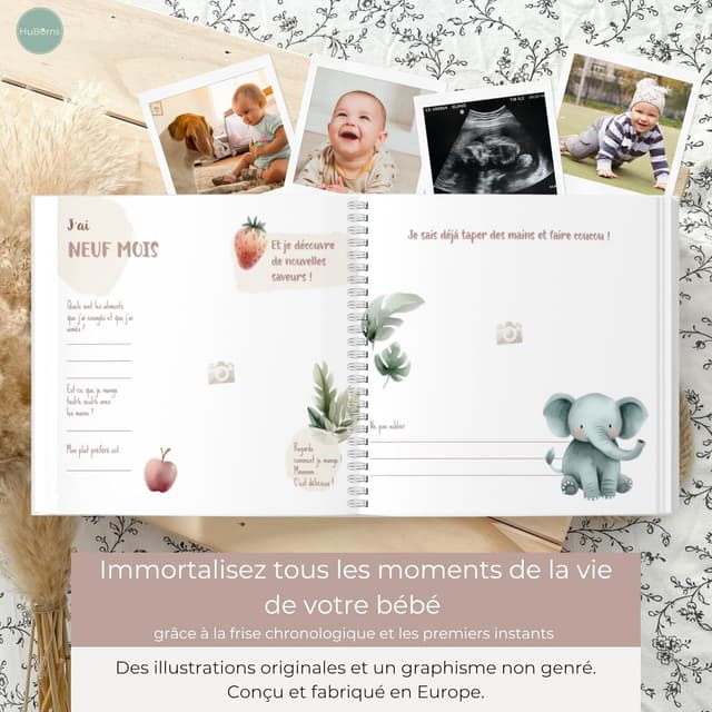 Detalle de HuBorns Livre de naissance bébé avec +50 pages, autocollants et emplacement photos (de la naissance à 5 ans)