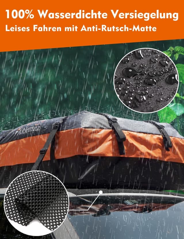 Detalle 2 de FIVKLEMNZ Dachbox Auto für Dachgepäckträger – wasserdichte Dachtasche inkl. Anti-Rutsch-Matte, Gurte & Schloss
