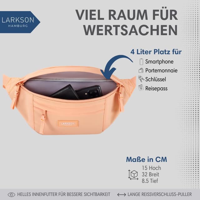Detalle 2 de LARKSON Bauchtasche für Damen & Herren Pfirsich „Ole“ – wasserabweisende Hüfttasche für Sport, Outdoor & Stadt