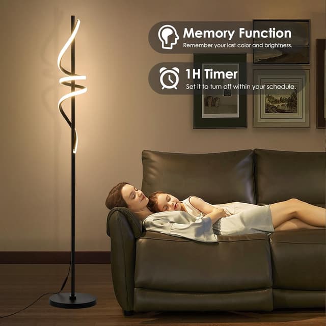 Detalle 2 de POWROL Spiral LED Floor Lamp (Dimmable) with Remote & Foot Control, 3 Colour Temperatures, 48W, Black