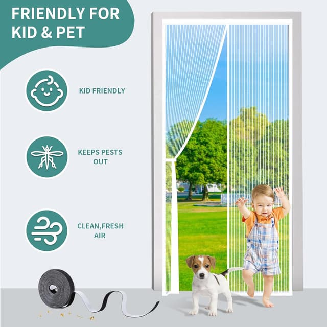 Detalle de SMALUCK Magnetic Door Screen (120 x 220 cm) – Heavy Duty Fly Door Mesh with Powerful Magnets, Kid & Pet Friendly, White