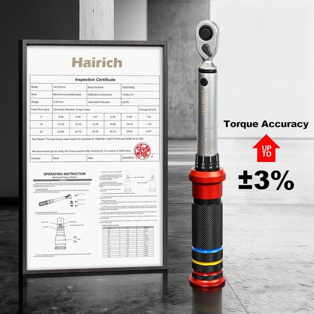Detalle de Hairich Drehmomentschlüssel Fahrrad 1/4 Zoll 3–25 Nm mit 72-Zahn-Umschaltknarre (±3%)