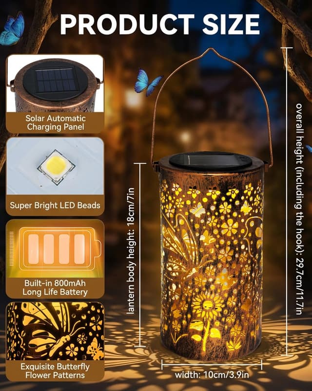 Detalle 2 de Lorrtta Solar Lantern Outdoor Garden (Butterfly & Sunflower) – IP65 Waterproof Solar Garden Light with 800mAh Battery
