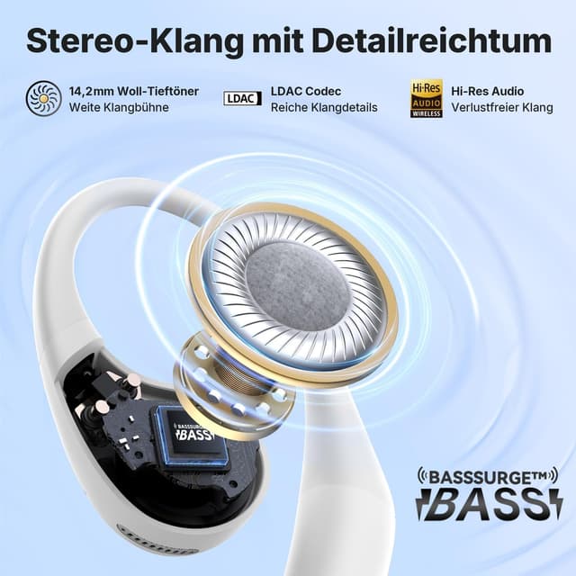Detalle de EarFun OpenJump Bluetooth Open-Ear Kopfhörer mit LDAC, Hi-Res Audio, Theatermodus & 42 Std. Akku (IPX7)