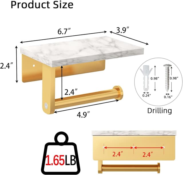 Detalle de Gypie wall-mounted toilet roll holder with marble shelf (304 stainless steel) in matt gold