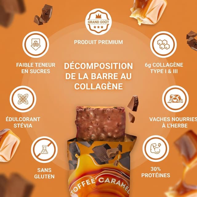 Detalle de RiceUP! Barre Protéinée Toffee Caramel au Collagène (12 x 42 g) – sans sucre ajouté