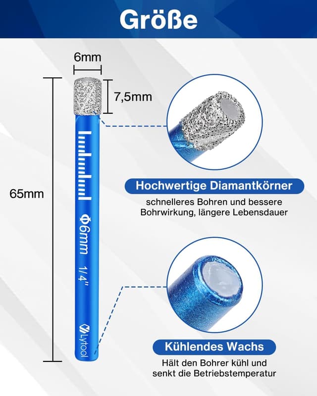 Thumbnail 1 de Lytool Fliesenbohrer-Set 5-tlg. mit 6 mm Diamantbohrern für Glas, Keramik, Granit & Feinsteinzeug