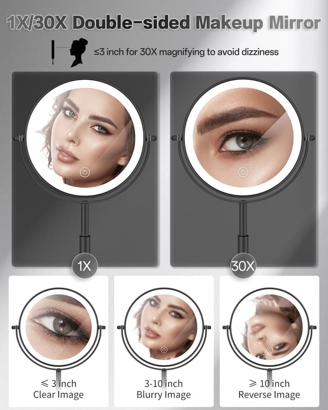 Detalle de VFD 30X/1X Lighted Makeup Mirror with Height Adjustment and Rechargeable Battery