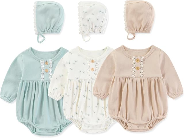 Detalle de MAMIMAKA Newborn Baby Girl Cotton Bubble Romper Long Sleeve Bodysuit 3-Pack