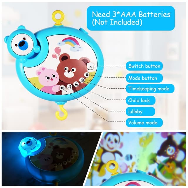 Detalle 2 de Aolso Babybett-Spielzeug: Mobile fürs Babybett mit Musik, Lichtprojektion, Projektor & Fernbedienung (Blau)