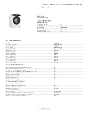 Thumbnail 18 de Hisense WF3S1043BW3: lavadora con vapor, WiFi y función Auto Wash de 10,5 kg