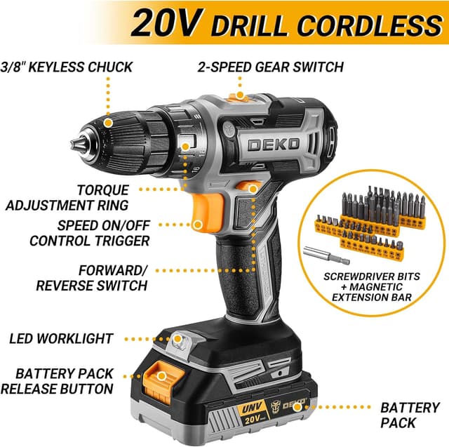 Detalle de DEKO 20V Cordless Drill Tool Kit Set (186-piece) with Electric Drill Driver & Battery