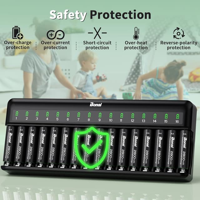 Thumbnail 6 de Bonai Rechargeable AA Batteries (2800mAh) with 16-Bay Smart Charger — 16-Pack Ni-MH