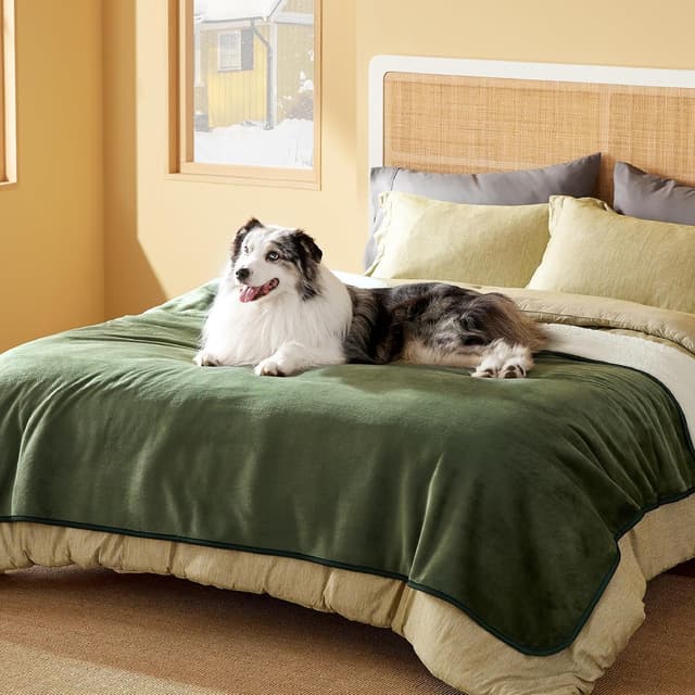 Detalle de LE SURE Coperta impermeabile per cani di taglia grande 152x203 cm, doppia faccia sherpa e microfibra verde oliva