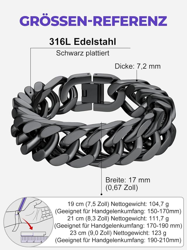 Detalle de Richsteel Herren-Cuban-Gliederarmband Armband aus Edelstahl in Silber, Gold & Schwarz – Breite 8/12/17 mm, Länge 19/21/23 cm
