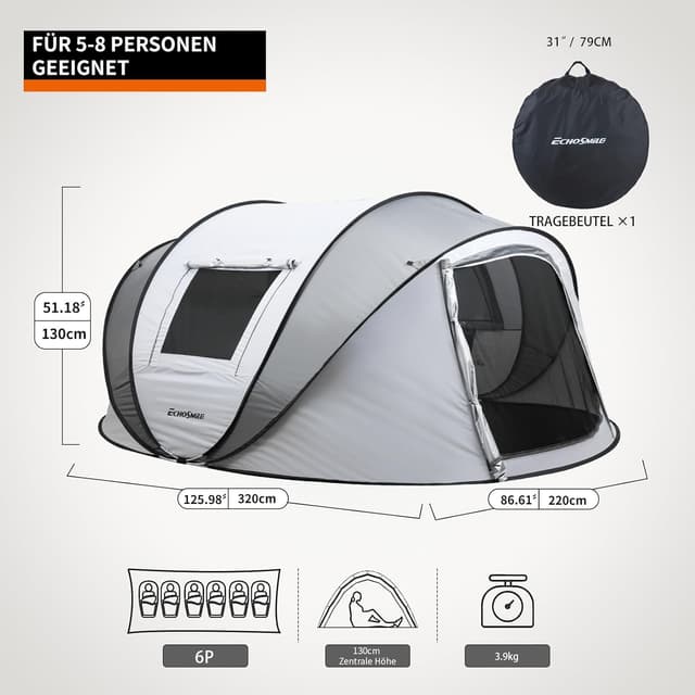 Detalle 2 de EchoSmile Pop-up Zelt für 4–8 Personen – Wurfzelt wasserdicht mit 2 Belüftungsfenstern