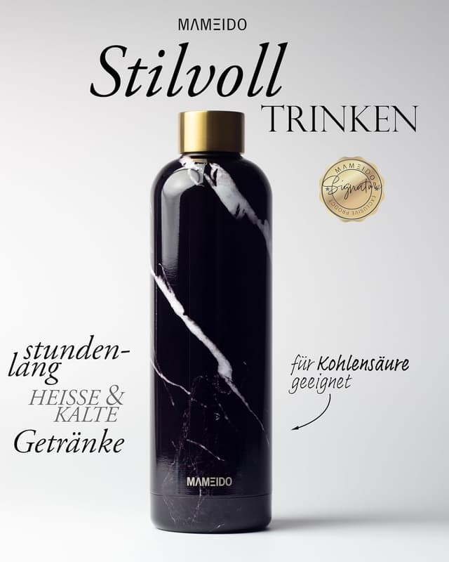 Detalle de MAMEIDO Thermosflasche 1 l – auslaufsichere Edelstahl-Trinkflasche, kohlesäuregeeignet, BPA-frei (Black Marble Gold)