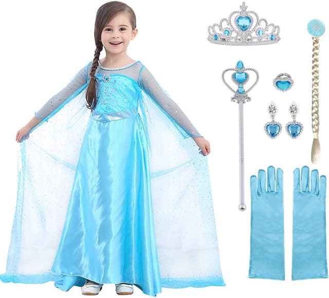 Detalle de URAQT Princess Dress Up Costume for Girls – blue deluxe fancy dress with accessories