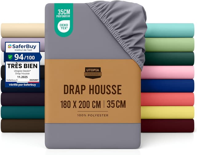 Detalle de Utopia Bedding Drap-housse gris 180 x 200 cm – Oeko-Tex, bonnets 35 cm, microfibre brossée