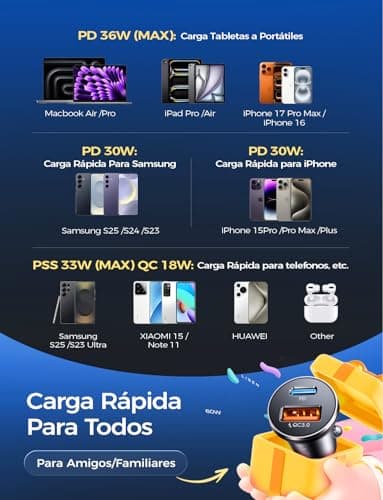 Detalle de LISEN cargador de coche para mechero 12/24V con USB-C 36W (PD 3.0) y USB-A QC 3.0, cuerpo metálico y carga rápida