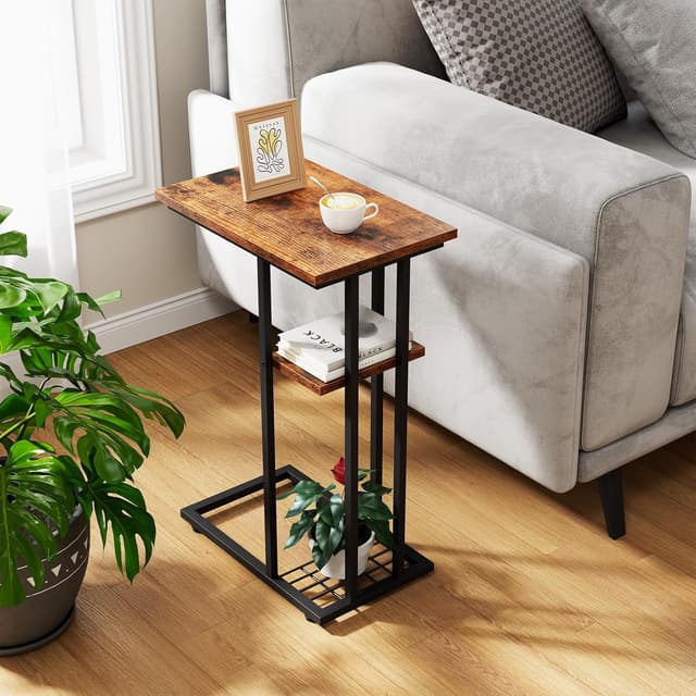 Detalle 2 de YMYNY Tavolino laterale a forma di C HST004H per divano e letto, 40 x 26 x 61,5 cm in metallo, marrone rustico