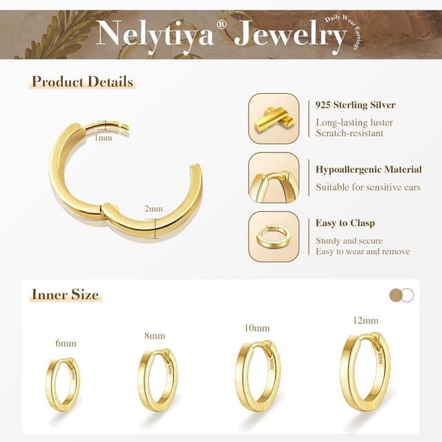 Detalle de Nelytiya 4 Paar Creolen Set aus 925 Silber – kleine Creolen Silber 925 (6/8/10/12 mm), hypoallergen