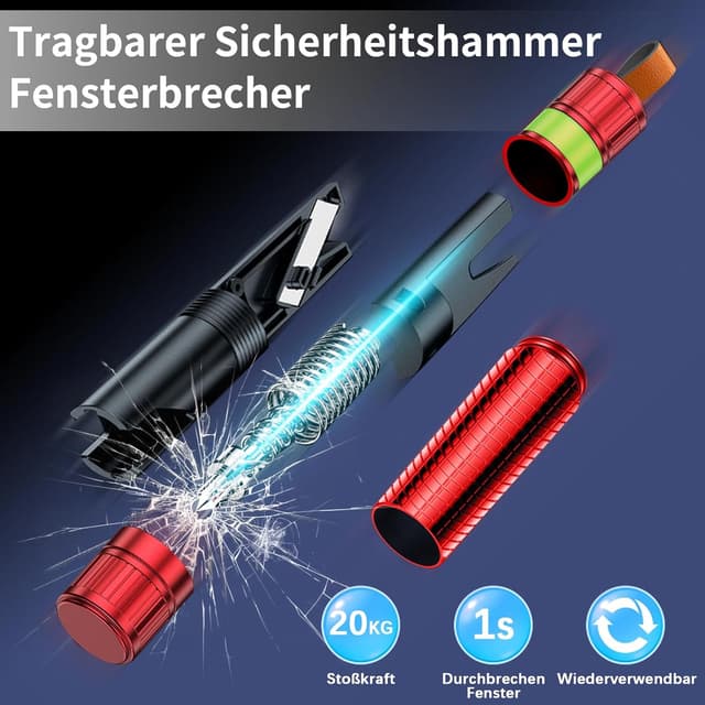 Detalle de Queltrix 2-in-1 Notfallhammer mit Gurtschneider (2 Stück, nachleuchtend) und Glasbrecher