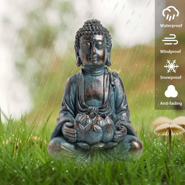 Detalle 2 de TERESA'S COLLECTIONS Bouddha de jardin zen avec lumière solaire (statue assise, résine imperméable) 18 cm