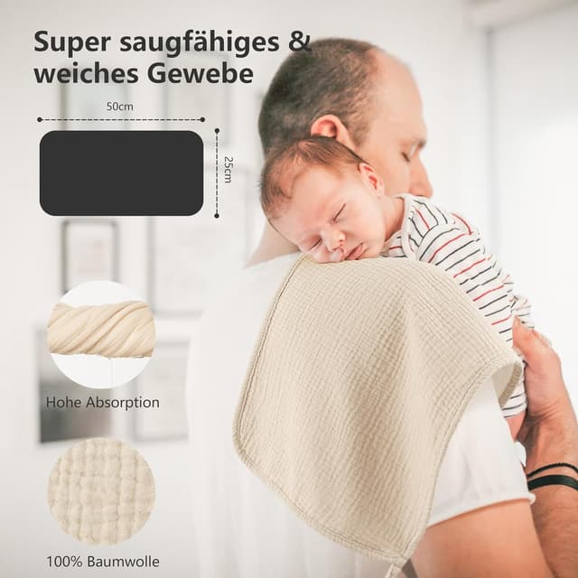 Detalle de Bearmoss Musselin-Spucktücher für Babys (100% Baumwolle), 6er Set 50×25 cm – Gelb/Braun