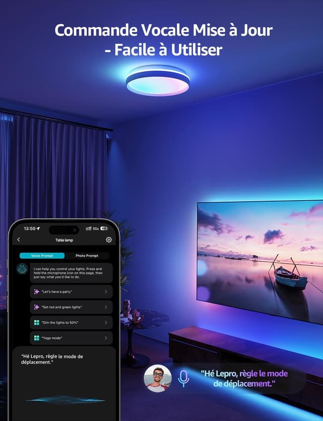 Detalle de Lepro T1 IA plafonnier LED connecté Wi‑Fi/Bluetooth 24W, IP44, RGB+CCT (φ29 cm)