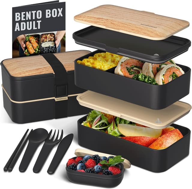 Detalle de Bentoheaven Premium Bento Box Adult Lunch Box (Microwavable, Compartments, Utensils & Dip Container) — Symph Onyx
