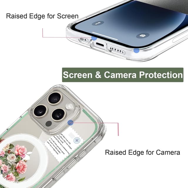 Detalle de Unov iPhone 16 Pro Max MagSafe-compatible clear case with embossed Rose Bouquet design