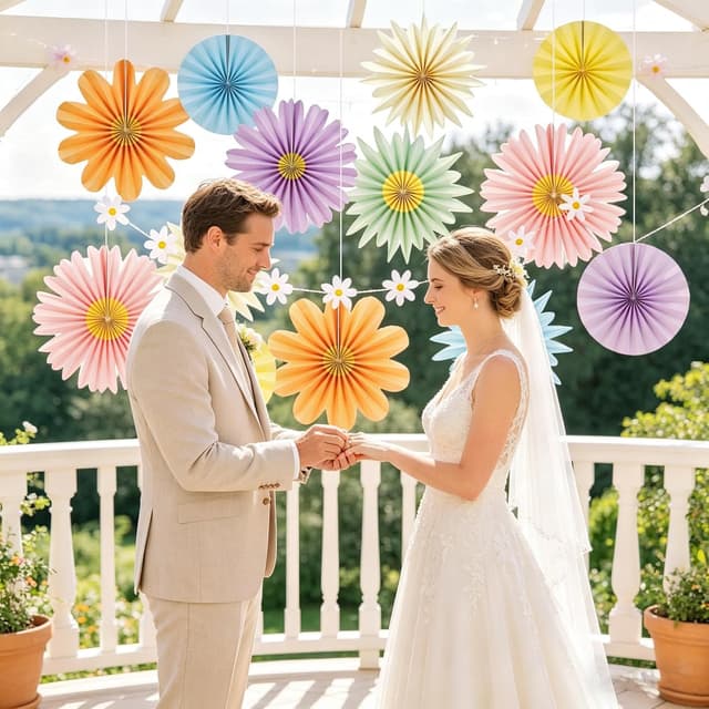 Detalle de SUNBEAUTY 14 Papier-Fächer Deko-Set mit Blumen-Girlande in zarten Pastelltönen