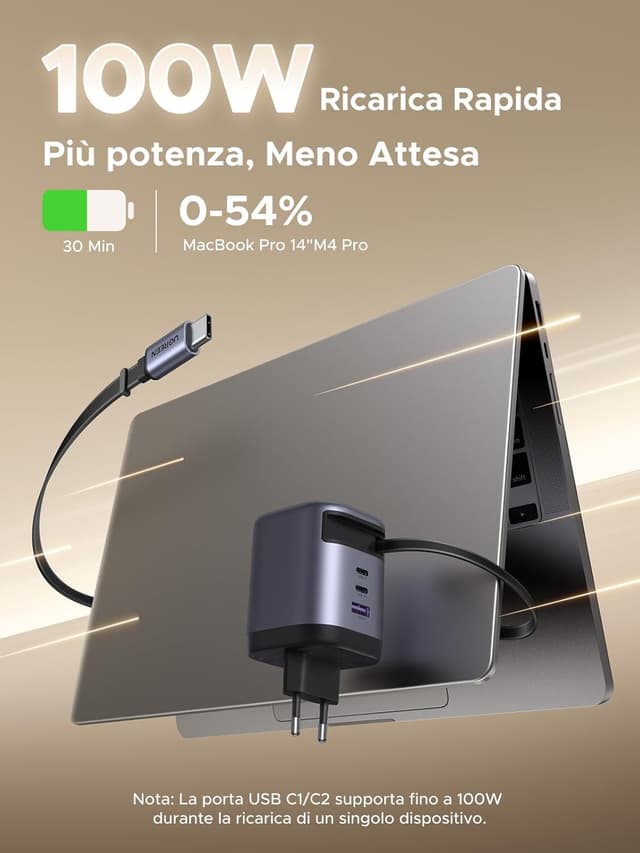 Detalle 2 de UGREEN Nexode Caricatore USB-C 100W GaN con cavo retrattile e 4 porte