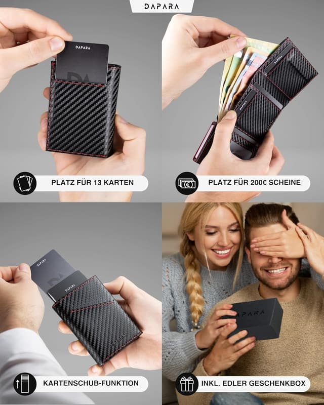 Detalle de DAPARA Herren-Geldbörse Slim Wallet Carbon Red 2 mit RFID-Schutz (für 13 Karten)