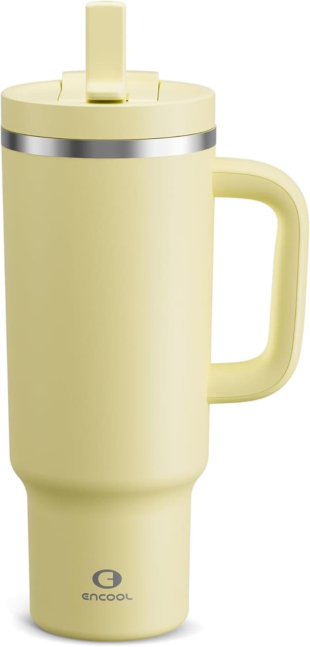 Detalle de ENCOOL 40 oz Tumbler with Handle and Straw (Stainless Steel Insulated, Leakproof) — Light Vanilla
