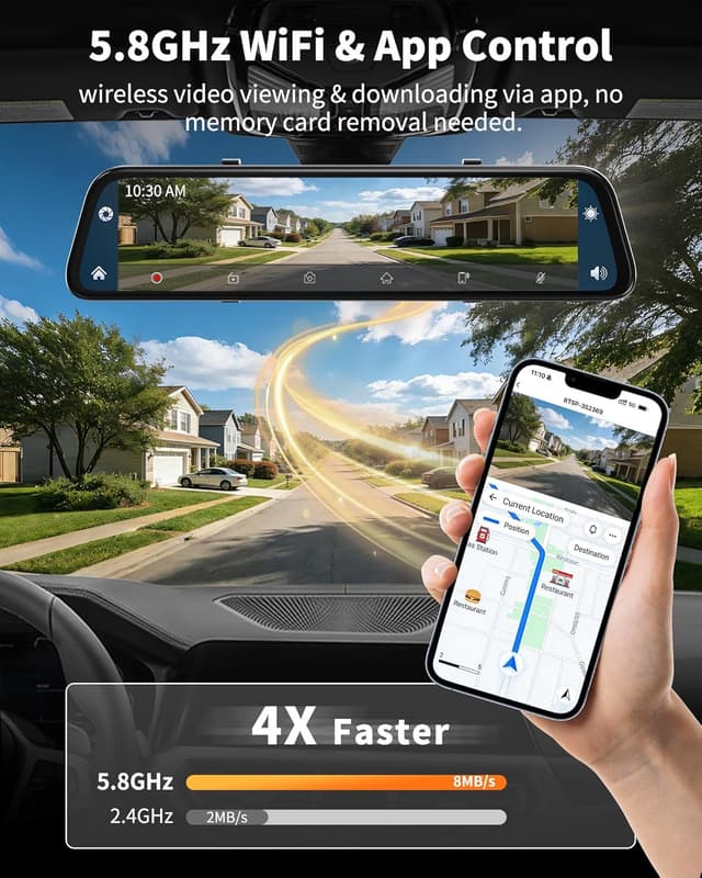 Detalle de 2026 Ultrawide 13” 4K Rear View Mirror Camera with CarPlay & Android Auto, 5.8GHz WiFi, 64GB Card Included