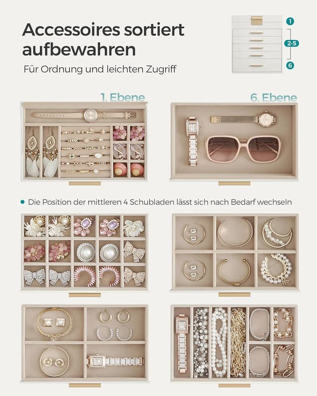 Detalle 1 de SONGMICS GISELLA Schmuckbox Glasdeckel 6 Ebenen