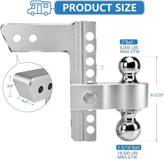 Detalle de Tlvuvmo Adjustable Trailer Hitch (2.5'' Receiver) Aluminum Drop Hitch, 8 Inch Drop/Rise with 2'' & 2-5/16'' Chrome-Plated Balls