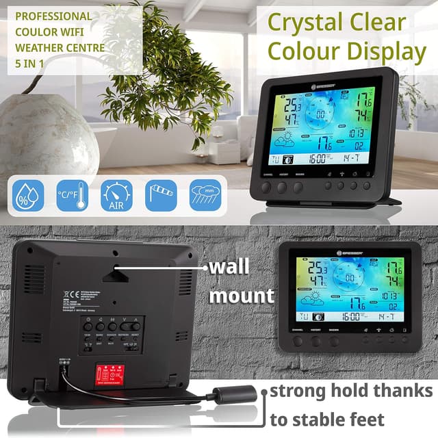 Detalle de Bresser Wetterstation Funk 5-in-1 schwarz mit WLAN & Farb-Display – inkl. Außensensor für Wetterdaten