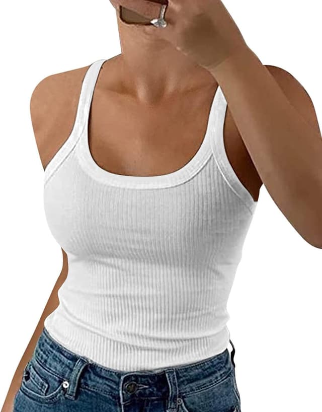 Detalle de DUOEASE Spaghetti Top für Damen – geripptes Tanktop mit Rundhalsausschnitt, Slim Fit & Stretch
