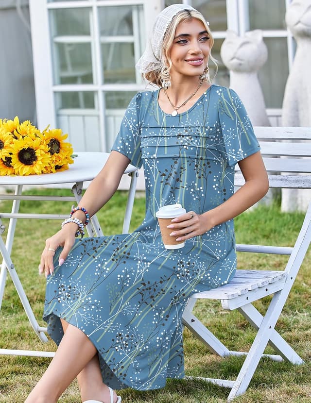 Detalle 1 de Zeagoo Women’s Short-Sleeve Flare Midi Dress with Pockets (Pleated Front, Floral Print)