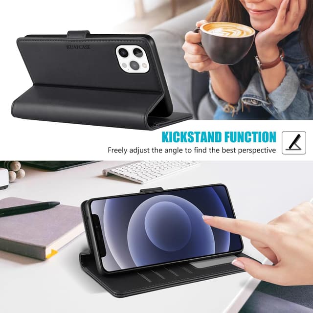 Detalle 2 de Kuafcase iPhone 12 Pro Max wallet case with 4 card slots, magnetic closure and kickstand (Black)